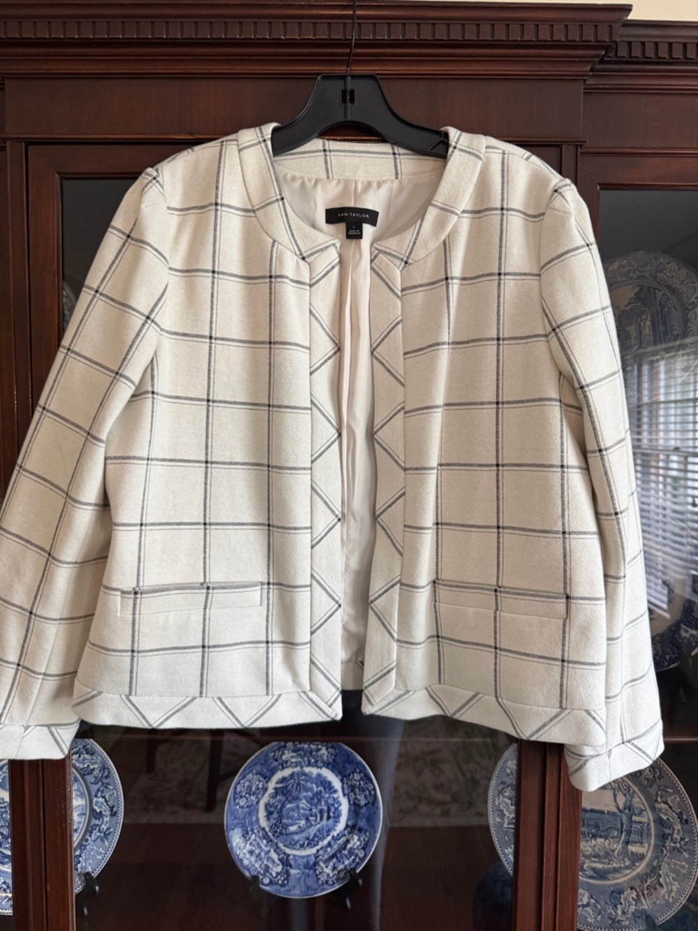 Ann Taylor Cream Windowpane Open-Front Blazer